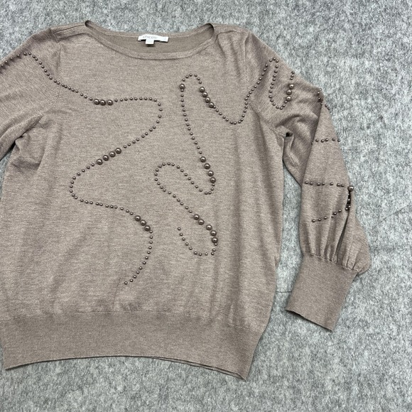 Chicos Sweater Womens Large Taupe Beaded Embellished Boat Neck Balloon Sleeve - Picture 6 of 14